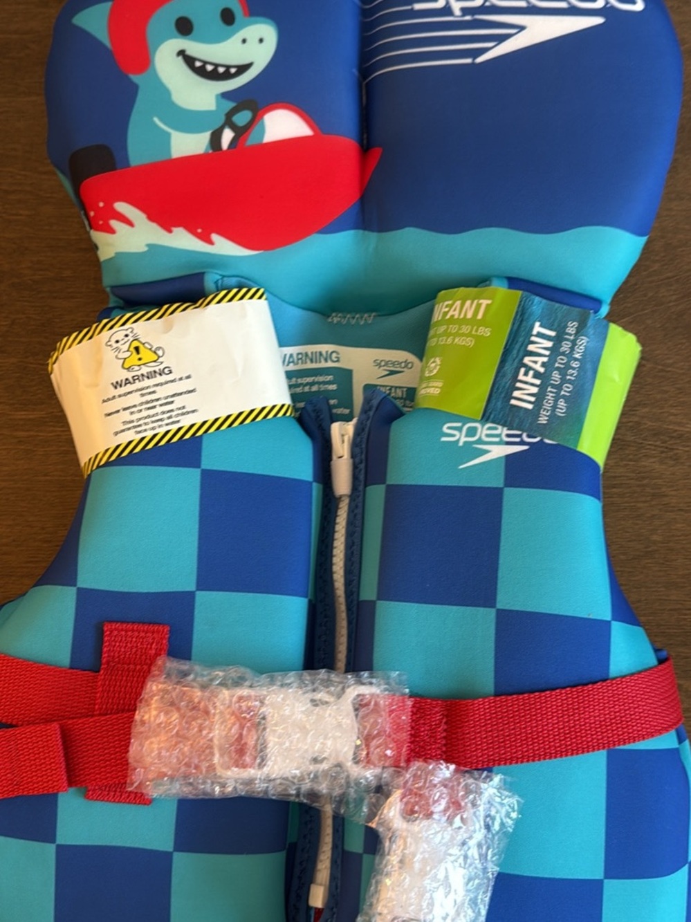 Speedo Blue Teal Check Infant Swim Trunks with Red Strap